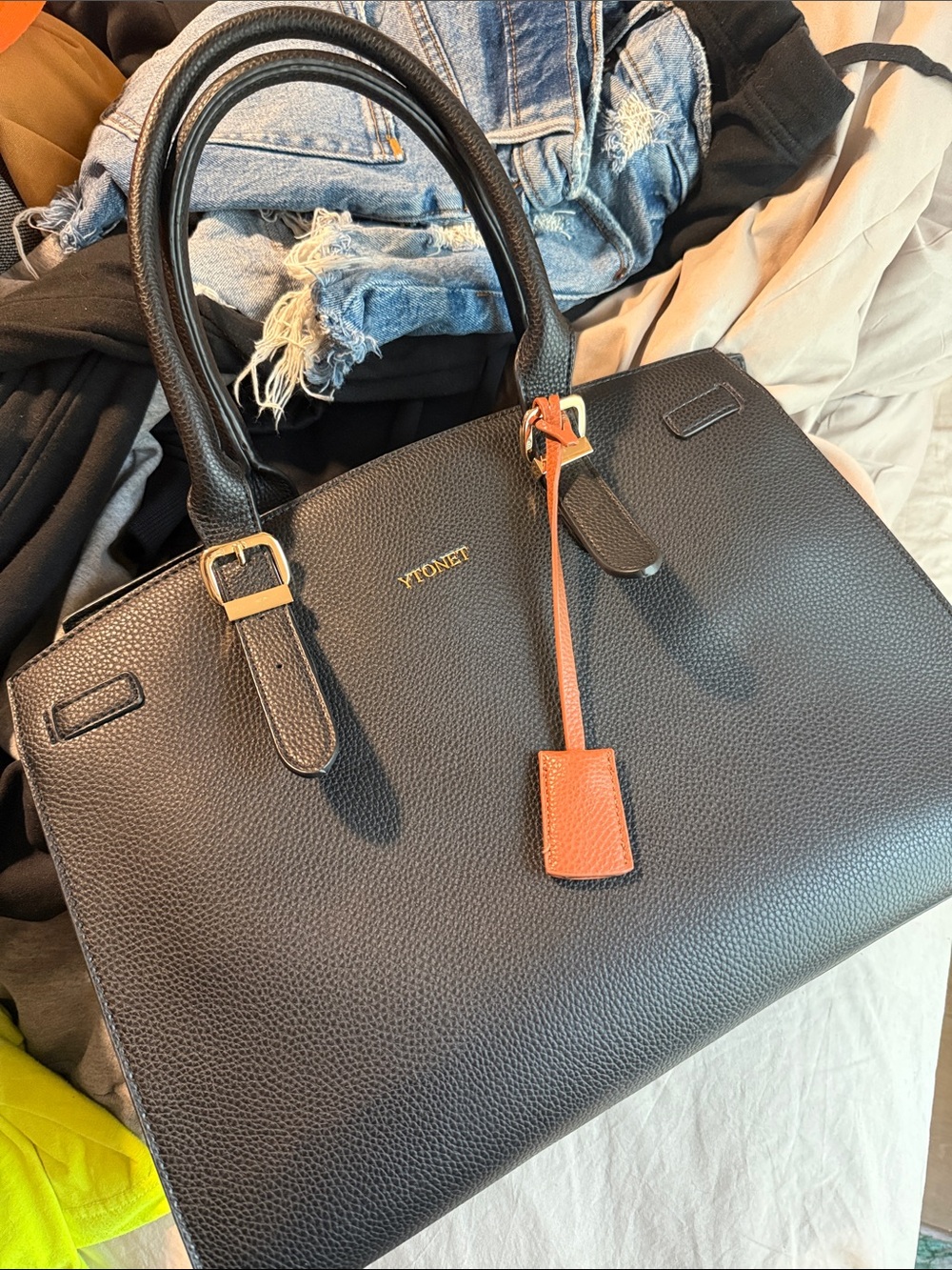 YTONET Black Pebbled Leather Tote with Orange Tag